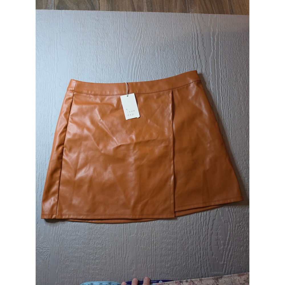 A New Day Women Cognac Faux Leather Wrap Mini Skirt Size 10 Brown F16983796